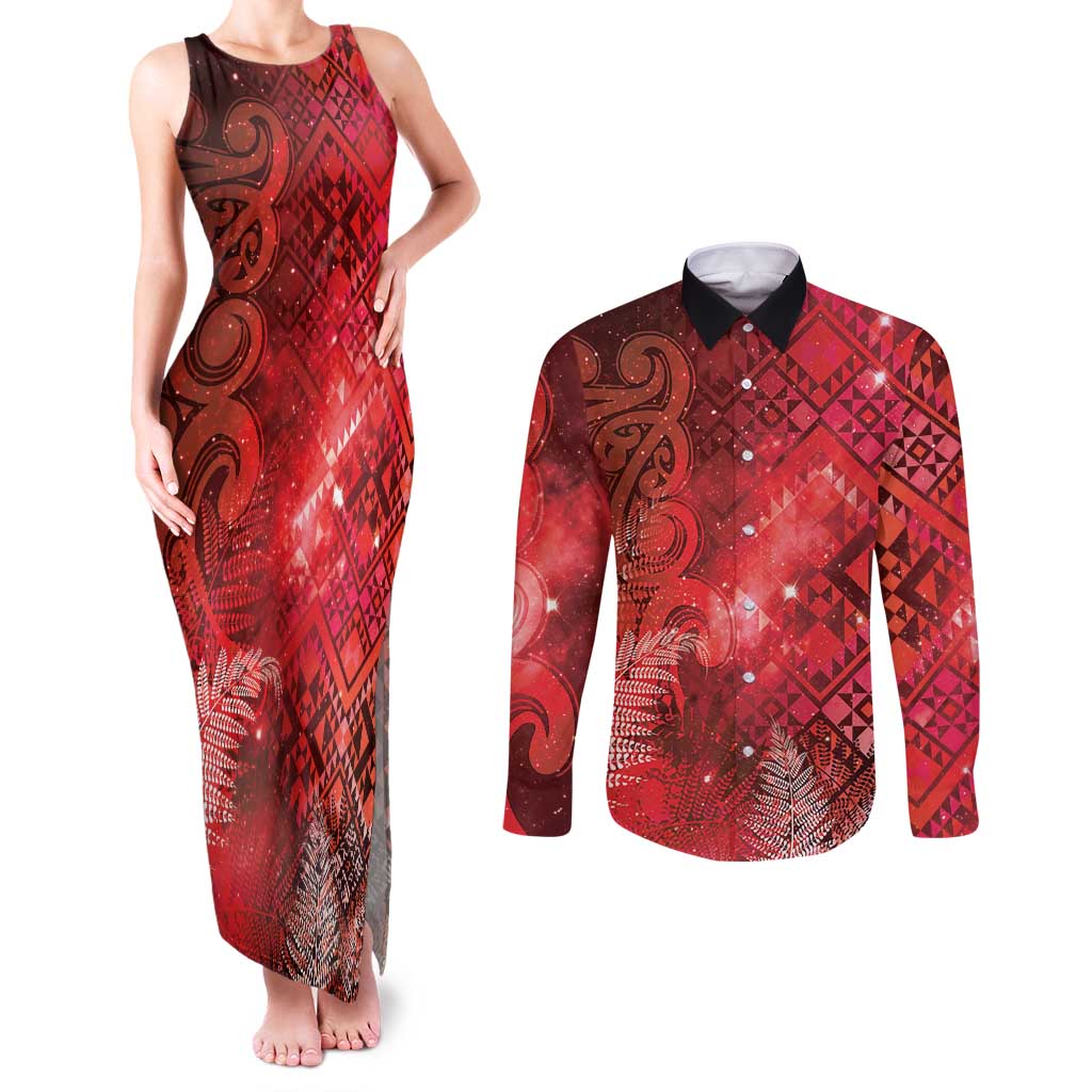 Aotearoa Taniko Matariki Couples Matching Tank Maxi Dress and Long Sleeve Button Shirt Cosmic Red