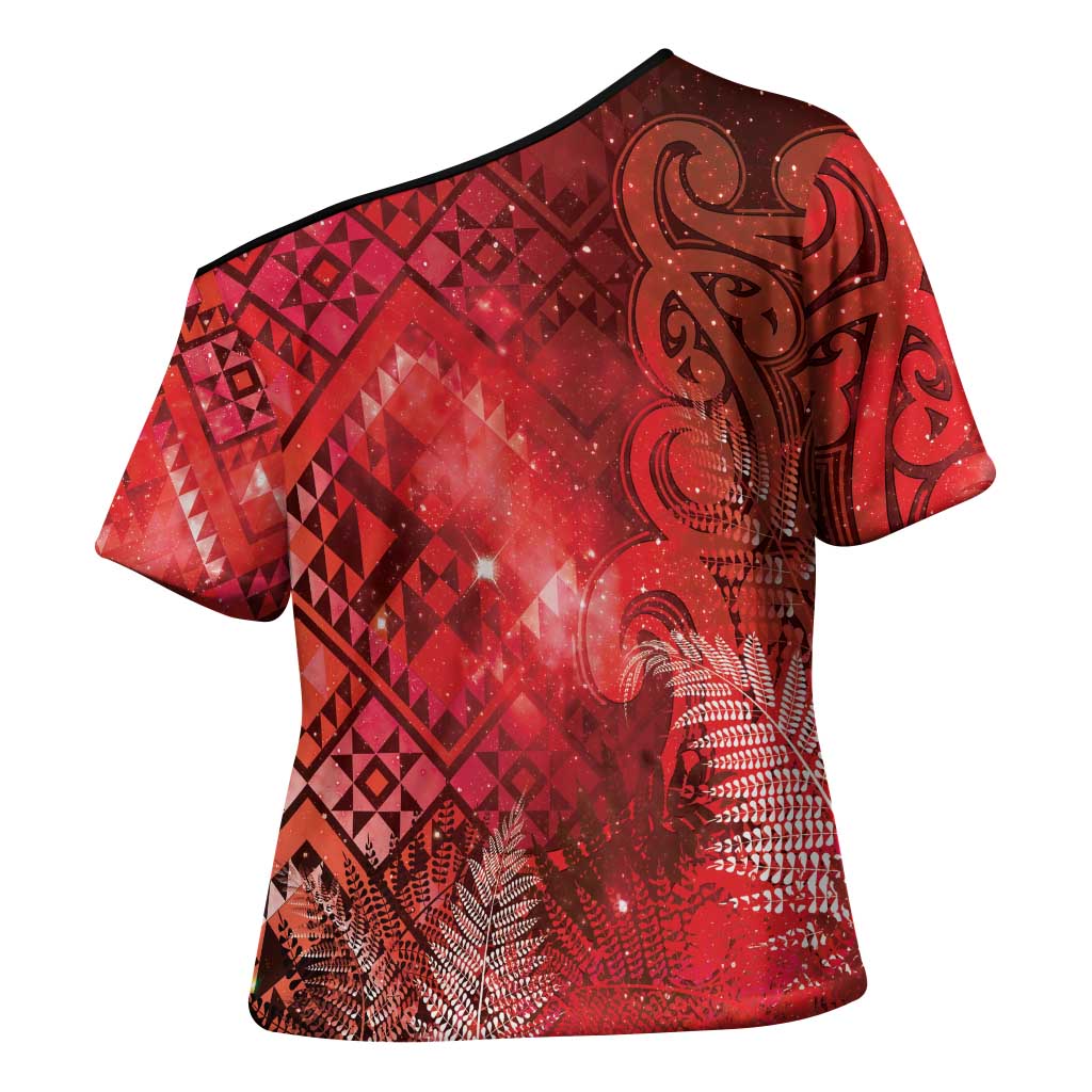 Aotearoa Taniko Matariki Cross Shoulder Shirt Cosmic Red