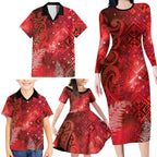 Aotearoa Taniko Matariki Family Matching Long Sleeve Bodycon Dress and Hawaiian Shirt Cosmic Red