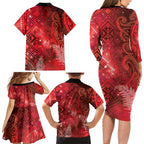 Aotearoa Taniko Matariki Family Matching Long Sleeve Bodycon Dress and Hawaiian Shirt Cosmic Red
