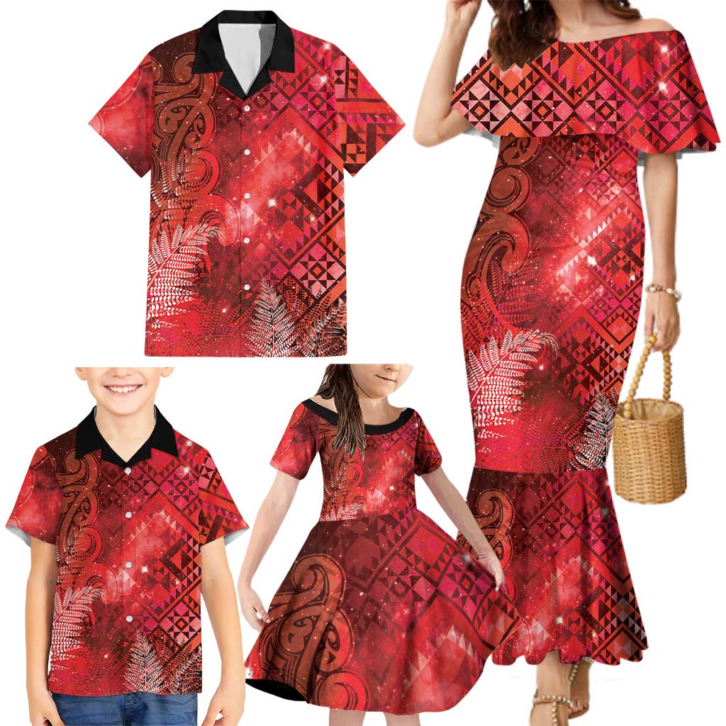 Aotearoa Taniko Matariki Family Matching Mermaid Dress and Hawaiian Shirt Cosmic Red