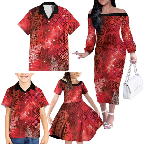 Aotearoa Taniko Matariki Family Matching Off The Shoulder Long Sleeve Dress and Hawaiian Shirt Cosmic Red