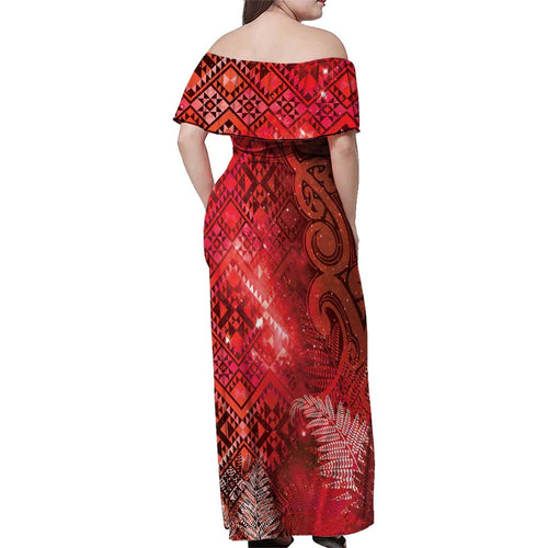 Aotearoa Taniko Matariki Family Matching Off Shoulder Maxi Dress and Hawaiian Shirt Cosmic Red
