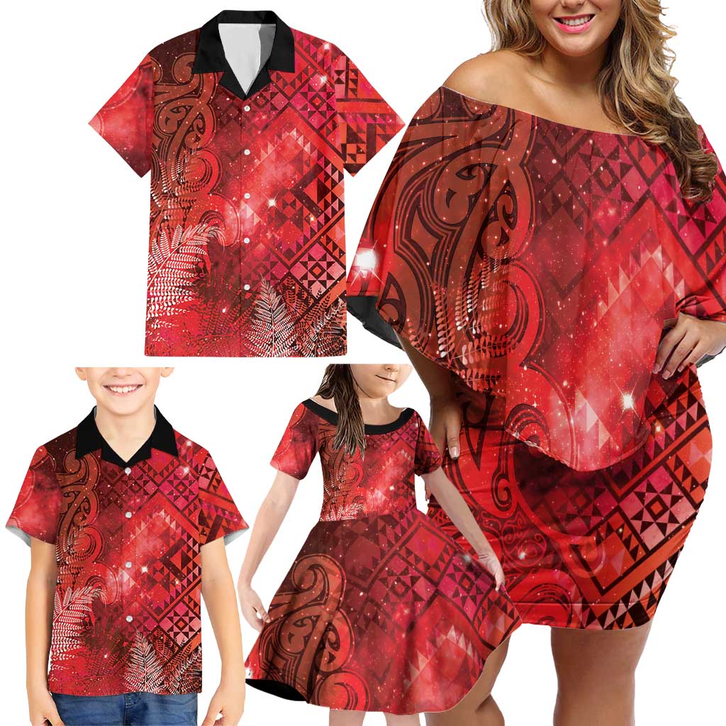 Aotearoa Taniko Matariki Family Matching Off Shoulder Short Dress and Hawaiian Shirt Cosmic Red