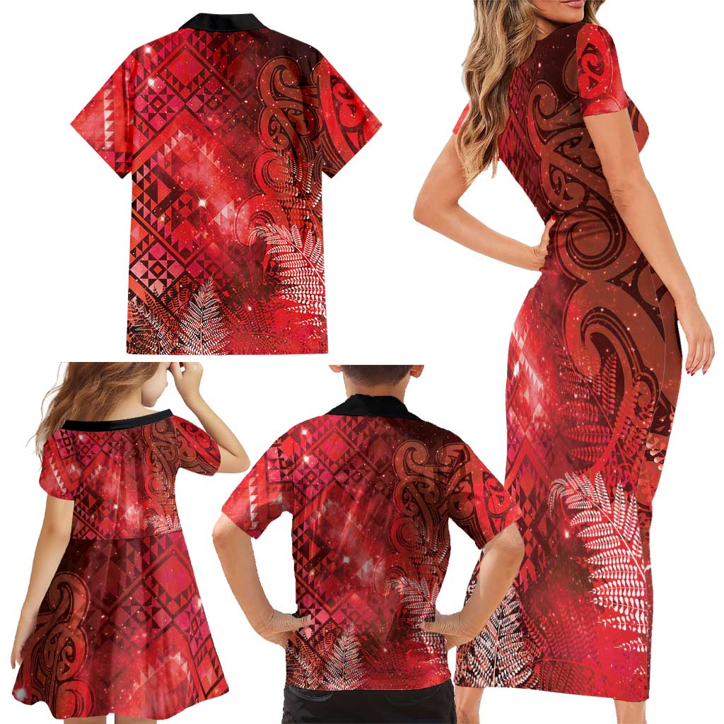Aotearoa Taniko Matariki Family Matching Short Sleeve Bodycon Dress and Hawaiian Shirt Cosmic Red