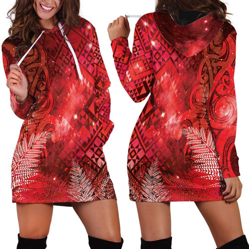 Aotearoa Taniko Matariki Hoodie Dress Cosmic Red