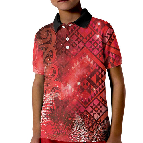 Aotearoa Taniko Matariki Kid Polo Shirt Cosmic Red