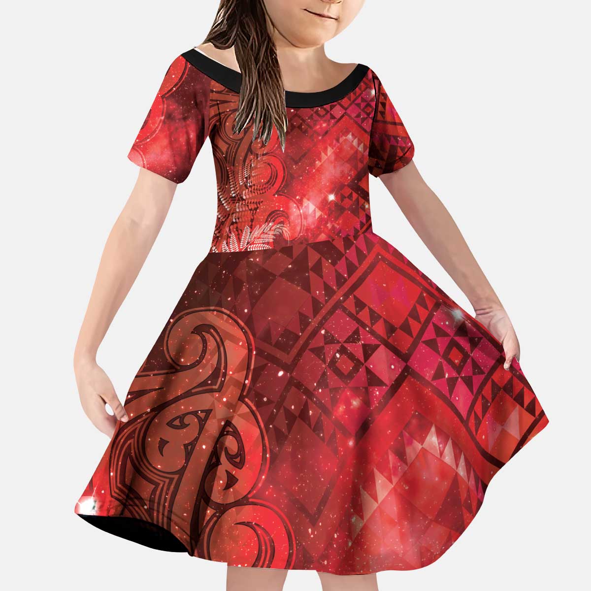 Aotearoa Taniko Matariki Kid Short Sleeve Dress Cosmic Red