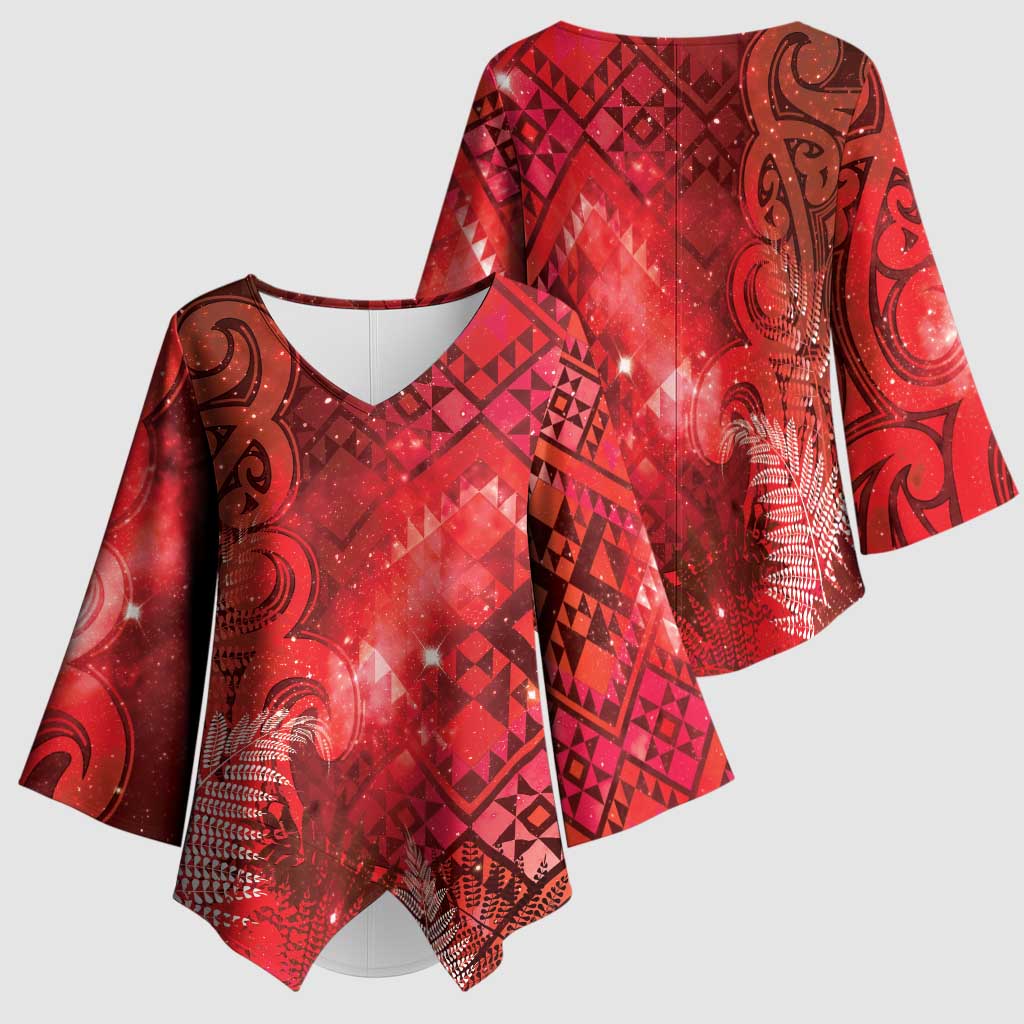 Aotearoa Taniko Matariki Kimono Sleeve Blouse Cosmic Red