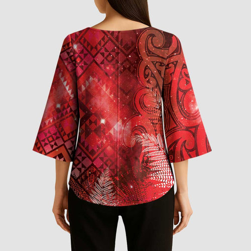 Aotearoa Taniko Matariki Kimono Sleeve Blouse Cosmic Red