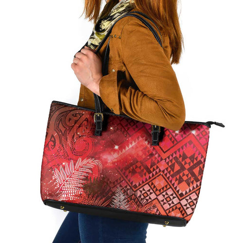 Aotearoa Taniko Matariki Leather Tote Bag Cosmic Red