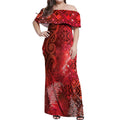 Aotearoa Taniko Matariki Off Shoulder Maxi Dress Cosmic Red