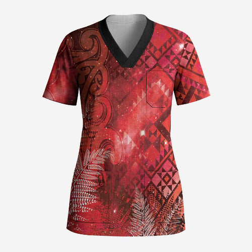 Aotearoa Taniko Matariki Scrub Top Cosmic Red