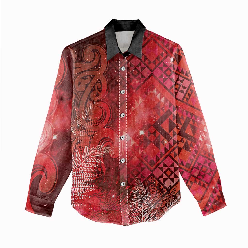 Aotearoa Taniko Matariki Women Casual Shirt Cosmic Red