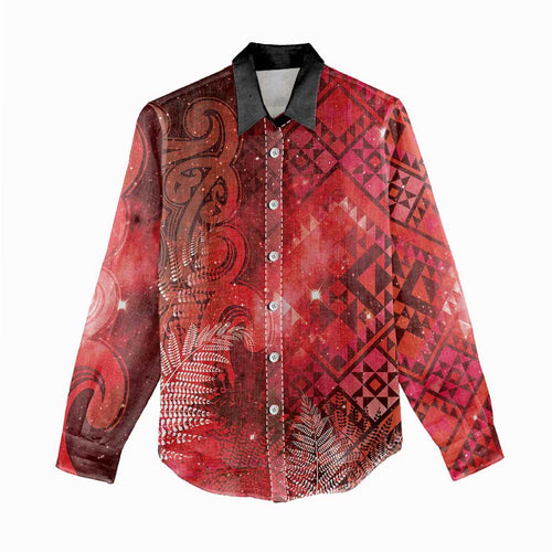 Aotearoa Taniko Matariki Women Casual Shirt Cosmic Red