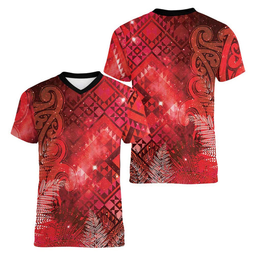 Aotearoa Taniko Matariki Women V-Neck T-Shirt Cosmic Red