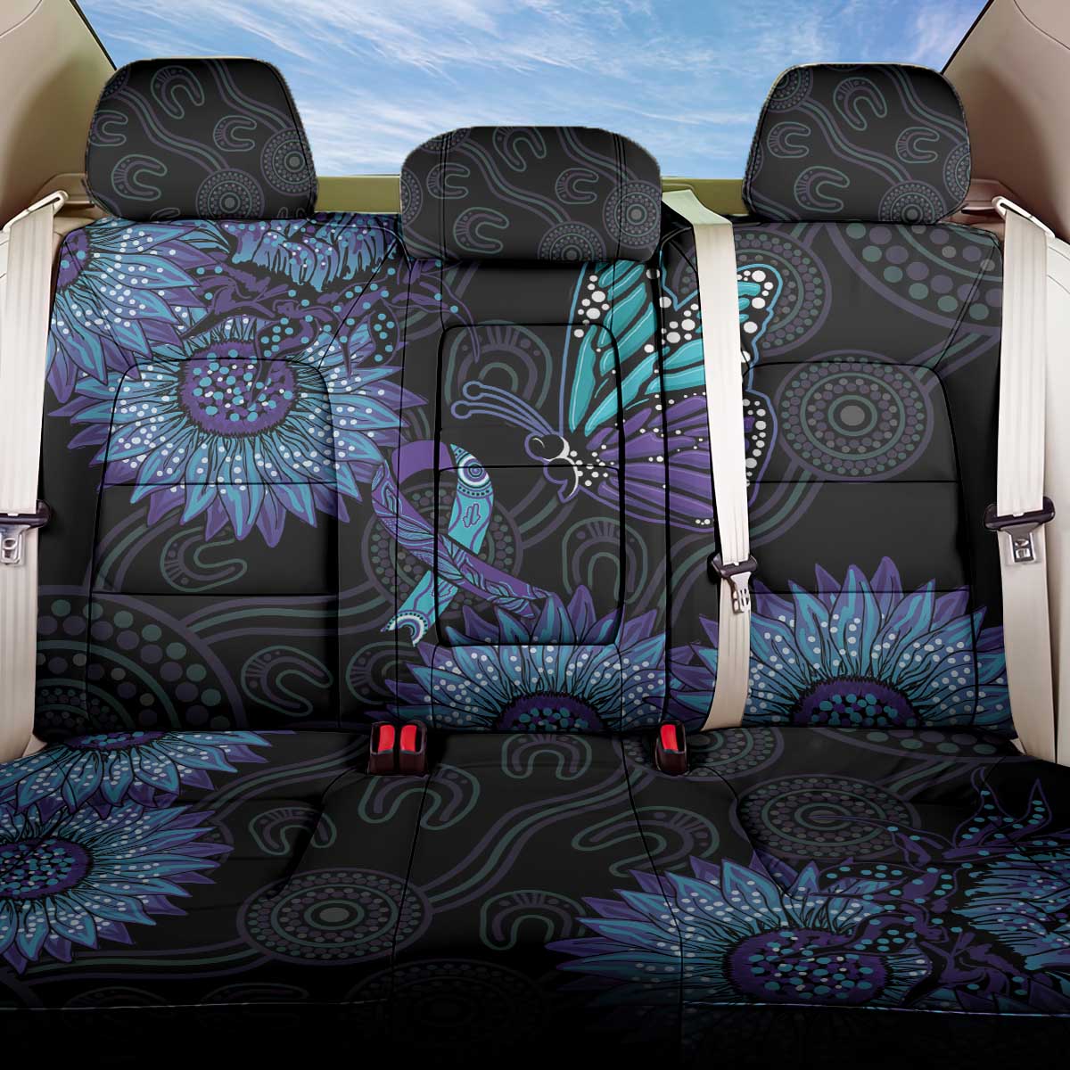 Australia Indigenous Back Car Seat Cover Teal & Purple Sunflower Aboriginal Arts