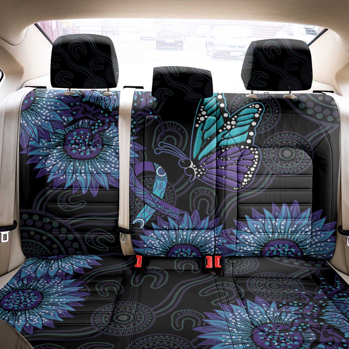 Australia Indigenous Back Car Seat Cover Teal & Purple Sunflower Aboriginal Arts