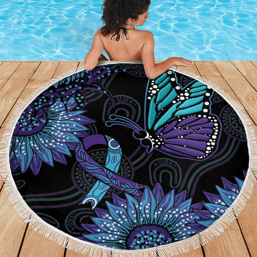 Australia Indigenous Beach Blanket Teal & Purple Sunflower Aboriginal Arts