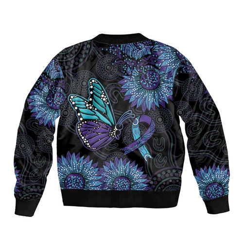 Australia Indigenous Bomber Jacket Teal & Purple Sunflower Aboriginal Arts