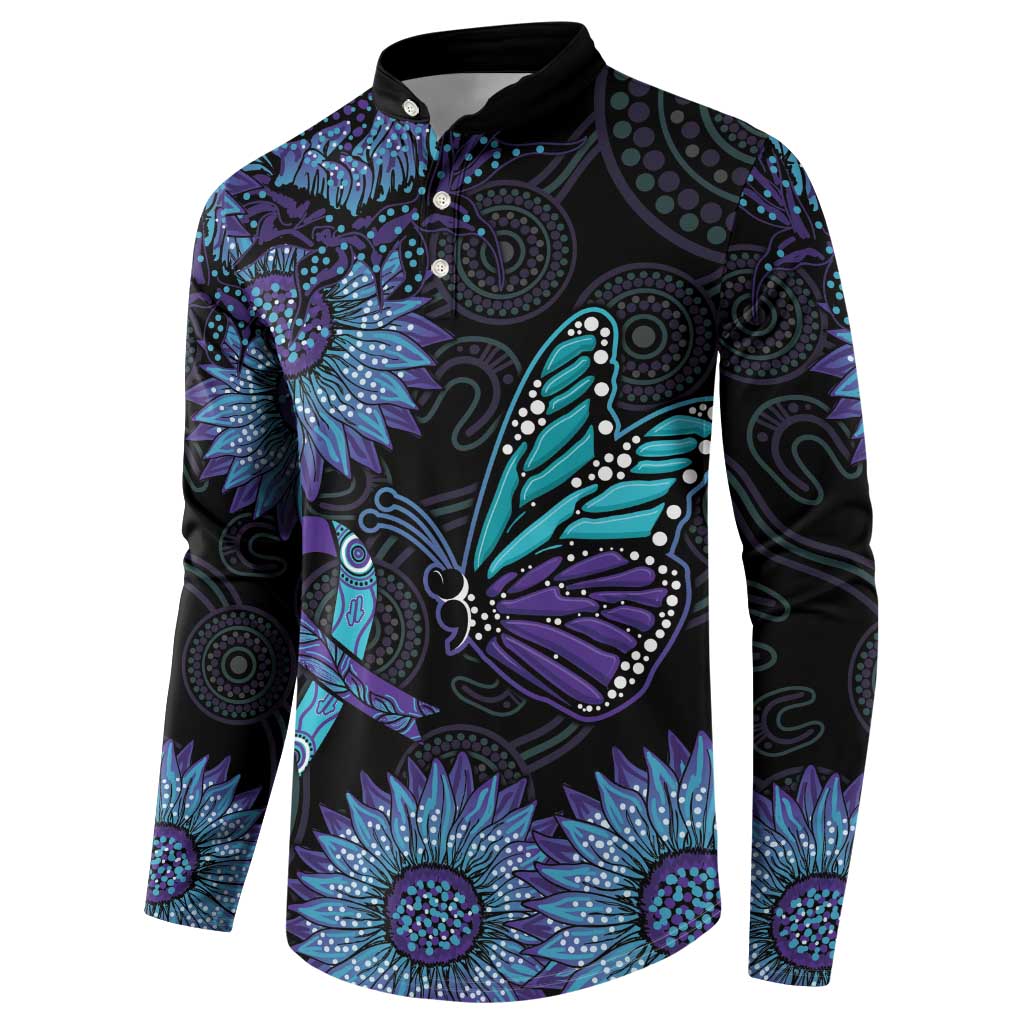 Australia Indigenous Button Sweatshirt Teal & Purple Sunflower Aboriginal Arts