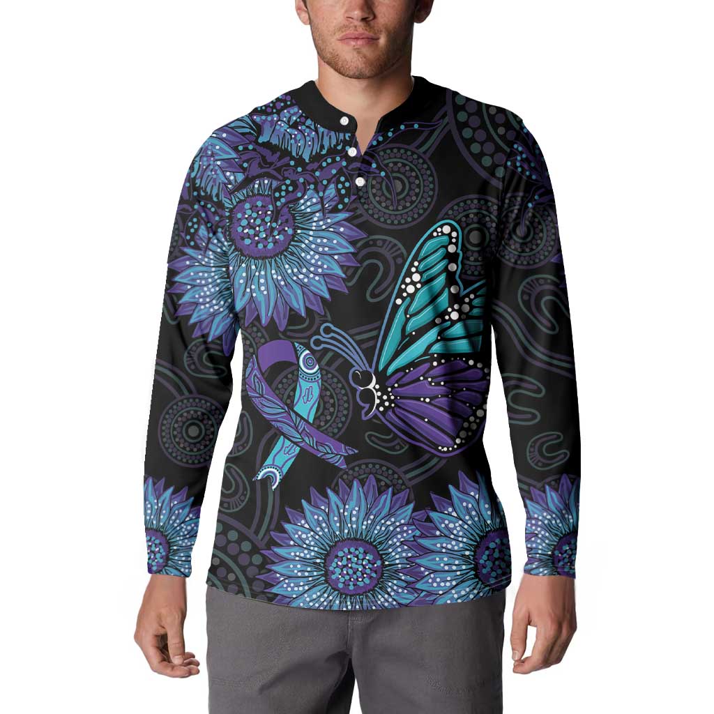 Australia Indigenous Button Sweatshirt Teal & Purple Sunflower Aboriginal Arts