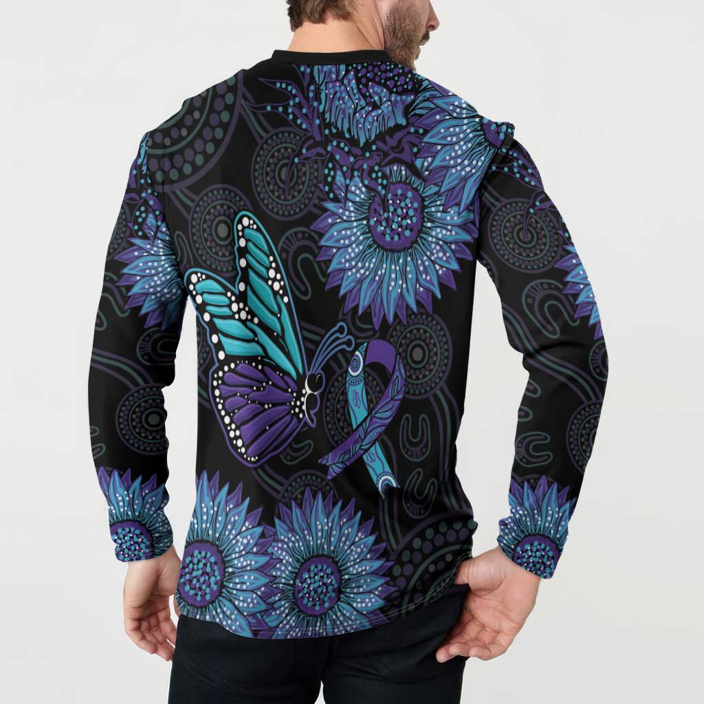 Australia Indigenous Button Sweatshirt Teal & Purple Sunflower Aboriginal Arts