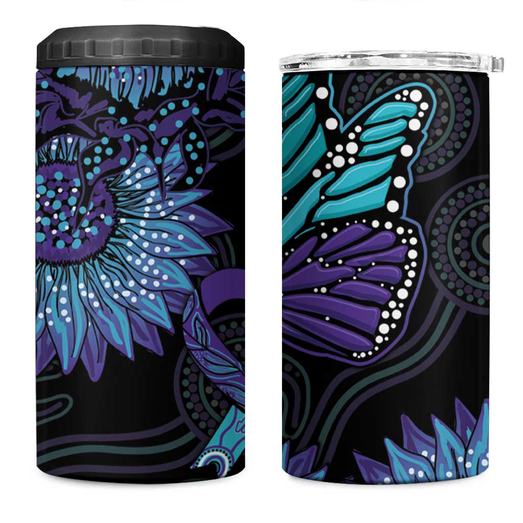 Australia Indigenous 4 in 1 Can Cooler Tumbler Teal & Purple Sunflower Aboriginal Arts