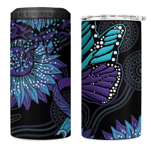 Australia Indigenous 4 in 1 Can Cooler Tumbler Teal & Purple Sunflower Aboriginal Arts