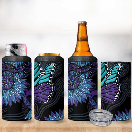 Australia Indigenous 4 in 1 Can Cooler Tumbler Teal & Purple Sunflower Aboriginal Arts