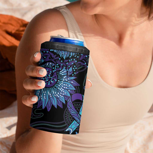 Australia Indigenous 4 in 1 Can Cooler Tumbler Teal & Purple Sunflower Aboriginal Arts