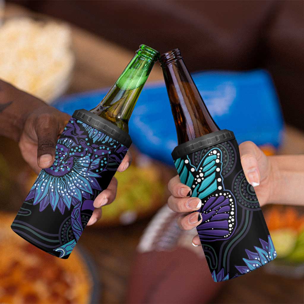 Australia Indigenous 4 in 1 Can Cooler Tumbler Teal & Purple Sunflower Aboriginal Arts