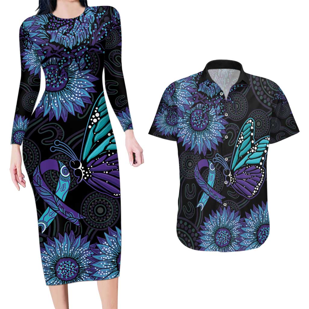 Australia Indigenous Couples Matching Long Sleeve Bodycon Dress and Hawaiian Shirt Teal & Purple Sunflower Aboriginal Arts
