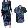 Australia Indigenous Couples Matching Long Sleeve Bodycon Dress and Hawaiian Shirt Teal & Purple Sunflower Aboriginal Arts