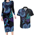 Australia Indigenous Couples Matching Long Sleeve Bodycon Dress and Hawaiian Shirt Teal & Purple Sunflower Aboriginal Arts