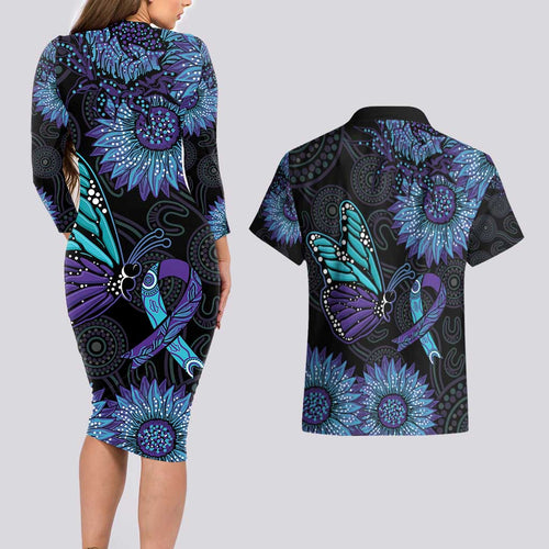 Australia Indigenous Couples Matching Long Sleeve Bodycon Dress and Hawaiian Shirt Teal & Purple Sunflower Aboriginal Arts