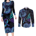 Australia Indigenous Couples Matching Long Sleeve Bodycon Dress and Long Sleeve Button Shirt Teal & Purple Sunflower Aboriginal Arts
