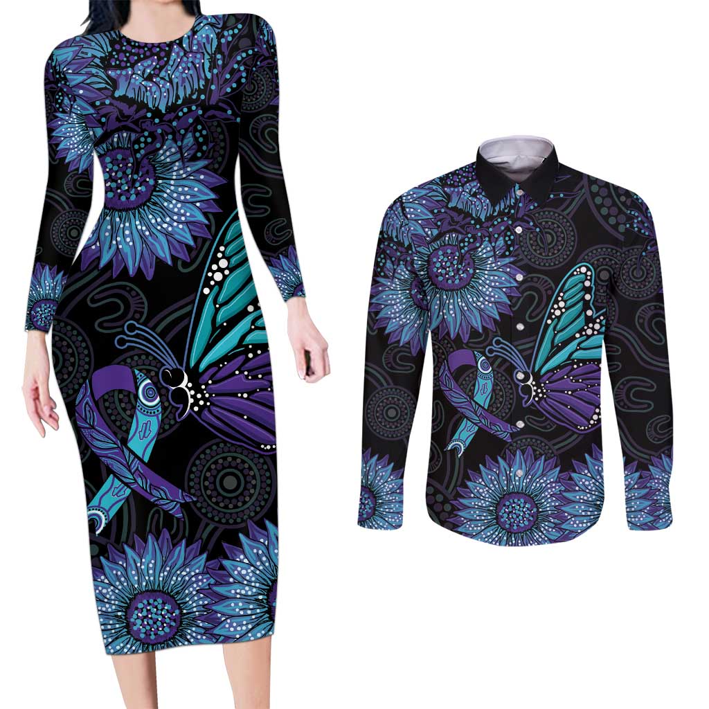 Australia Indigenous Couples Matching Long Sleeve Bodycon Dress and Long Sleeve Button Shirt Teal & Purple Sunflower Aboriginal Arts