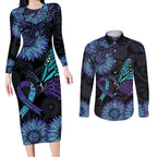 Australia Indigenous Couples Matching Long Sleeve Bodycon Dress and Long Sleeve Button Shirt Teal & Purple Sunflower Aboriginal Arts
