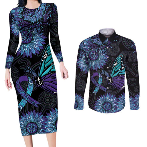 Australia Indigenous Couples Matching Long Sleeve Bodycon Dress and Long Sleeve Button Shirt Teal & Purple Sunflower Aboriginal Arts