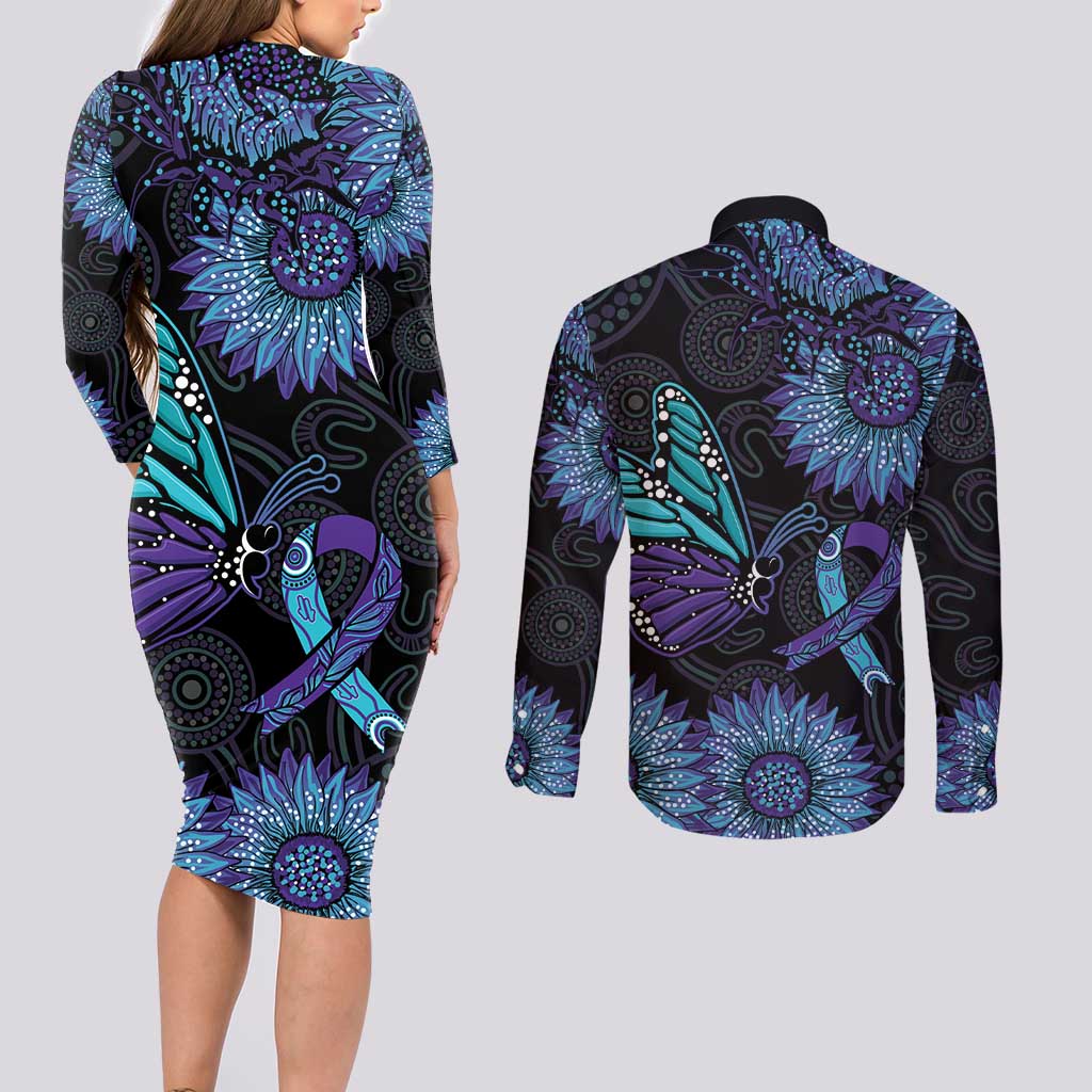 Australia Indigenous Couples Matching Long Sleeve Bodycon Dress and Long Sleeve Button Shirt Teal & Purple Sunflower Aboriginal Arts