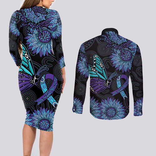 Australia Indigenous Couples Matching Long Sleeve Bodycon Dress and Long Sleeve Button Shirt Teal & Purple Sunflower Aboriginal Arts