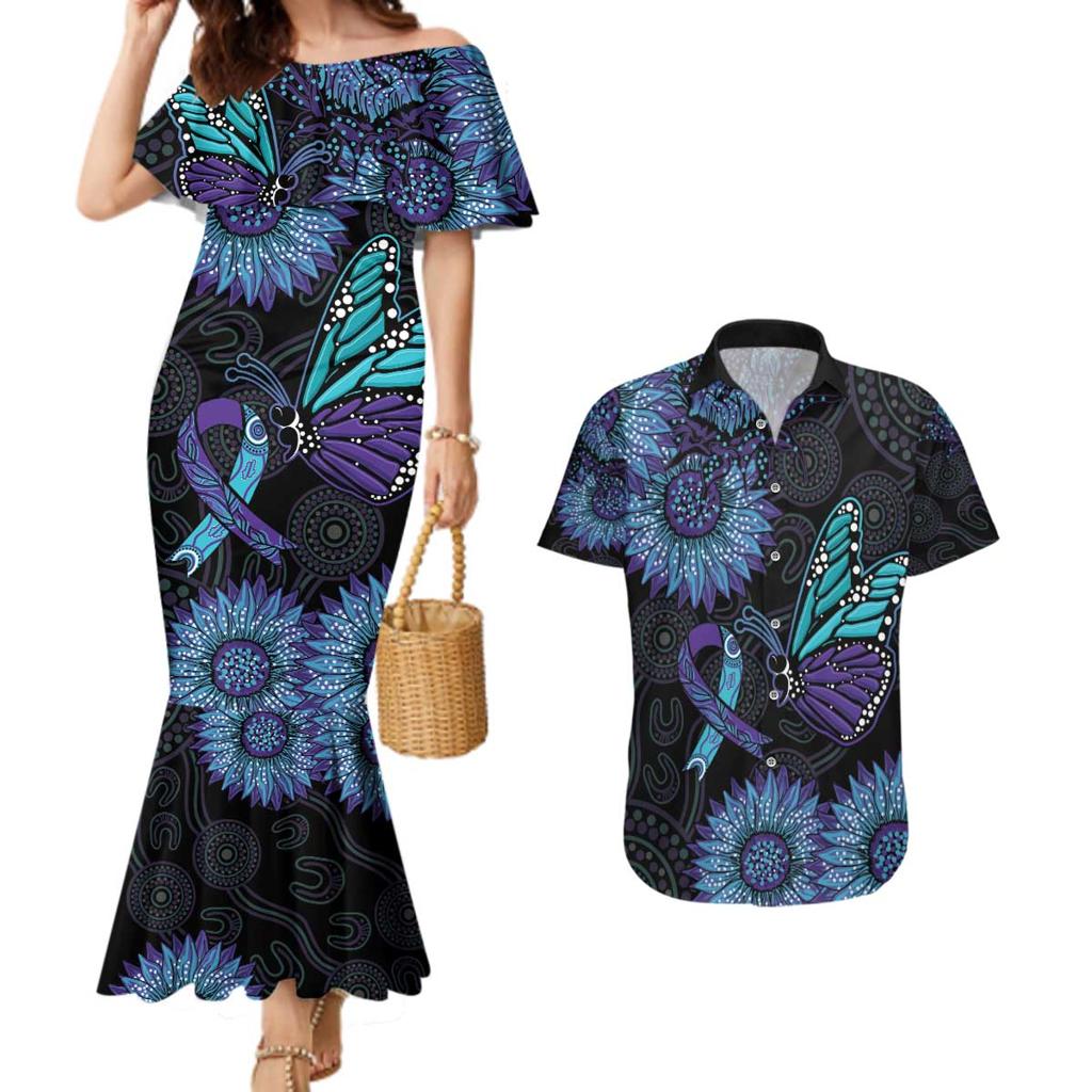 Australia Indigenous Couples Matching Mermaid Dress and Hawaiian Shirt Teal & Purple Sunflower Aboriginal Arts