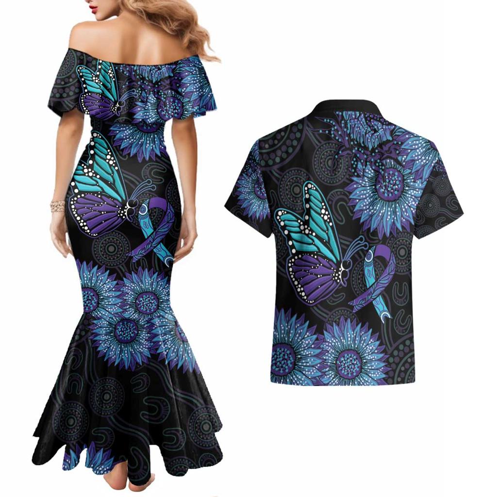 Australia Indigenous Couples Matching Mermaid Dress and Hawaiian Shirt Teal & Purple Sunflower Aboriginal Arts