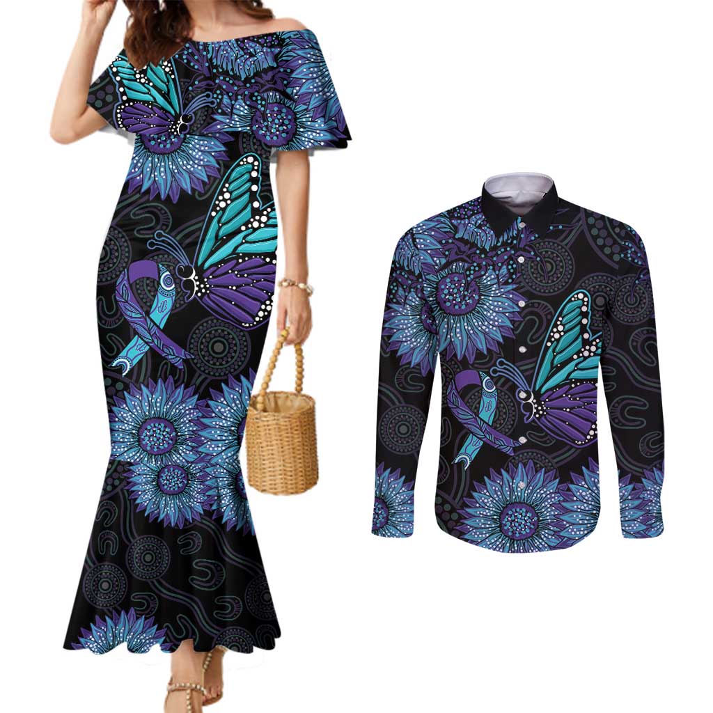 Australia Indigenous Couples Matching Mermaid Dress and Long Sleeve Button Shirt Teal & Purple Sunflower Aboriginal Arts