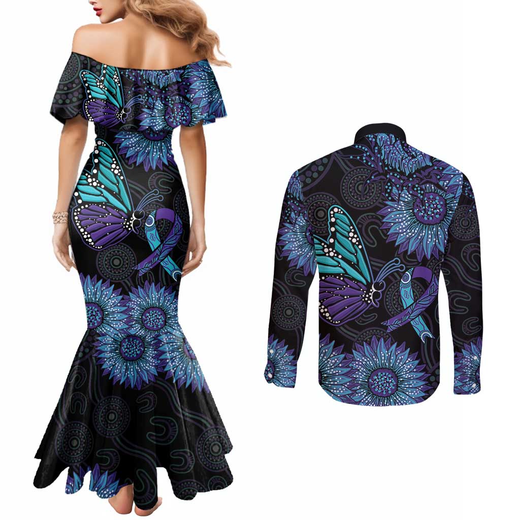 Australia Indigenous Couples Matching Mermaid Dress and Long Sleeve Button Shirt Teal & Purple Sunflower Aboriginal Arts