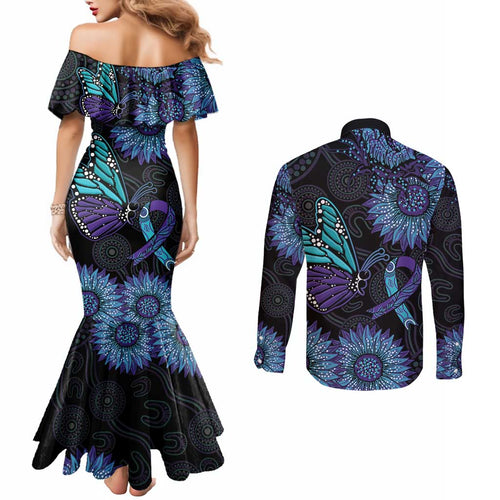 Australia Indigenous Couples Matching Mermaid Dress and Long Sleeve Button Shirt Teal & Purple Sunflower Aboriginal Arts