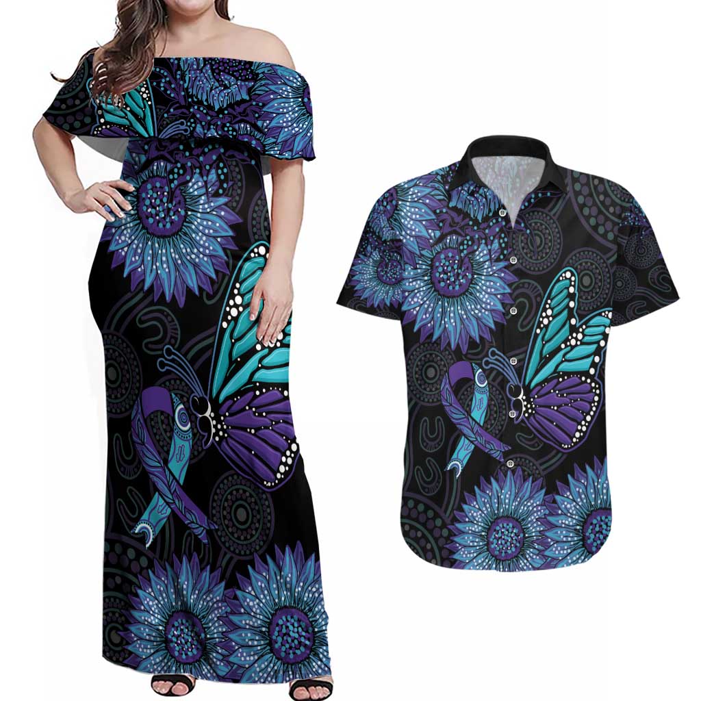 Australia Indigenous Couples Matching Off Shoulder Maxi Dress and Hawaiian Shirt Teal & Purple Sunflower Aboriginal Arts
