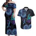 Australia Indigenous Couples Matching Off Shoulder Maxi Dress and Hawaiian Shirt Teal & Purple Sunflower Aboriginal Arts