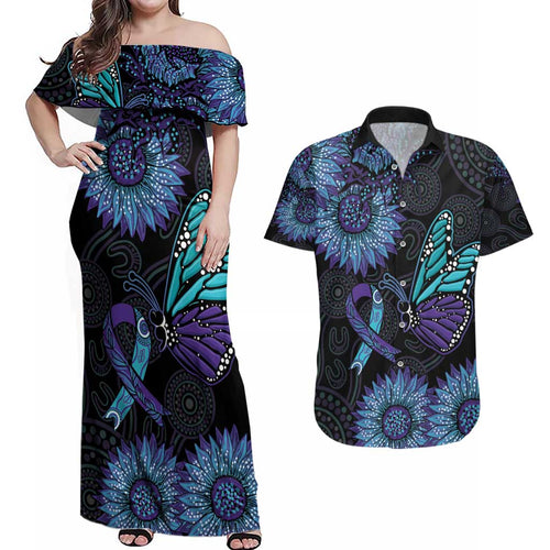 Australia Indigenous Couples Matching Off Shoulder Maxi Dress and Hawaiian Shirt Teal & Purple Sunflower Aboriginal Arts